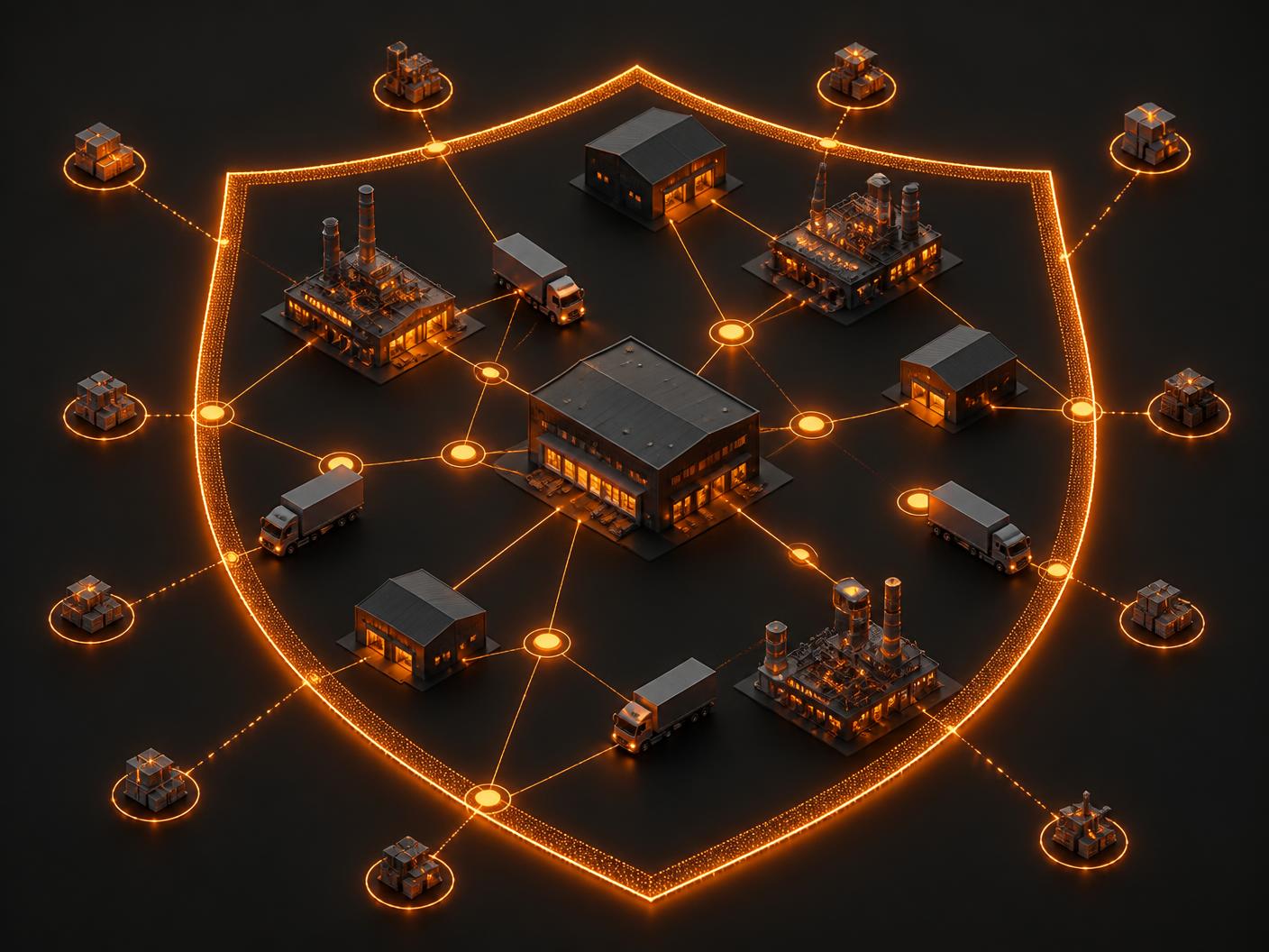 Illustration of a connected supply-chain network protected by a security shield